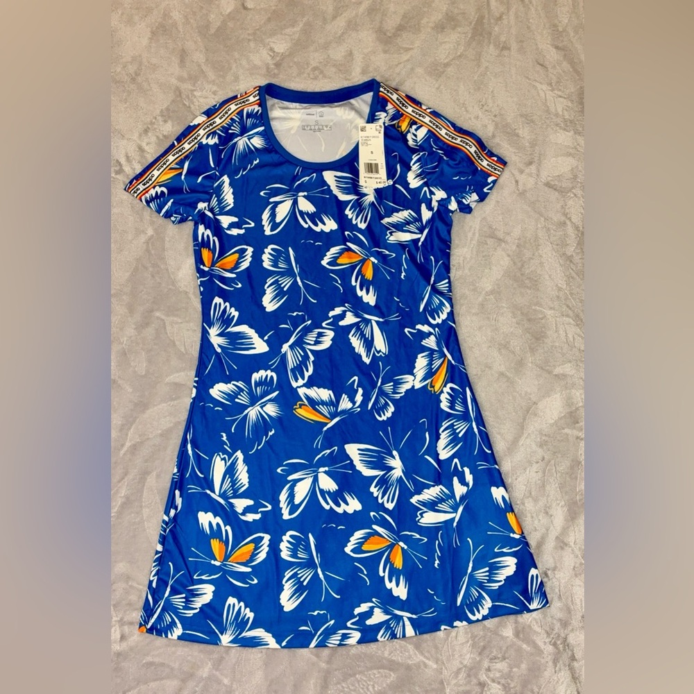 Adidas x FARMrio Blue Butterfly Women's Mini Dress, Size Small
